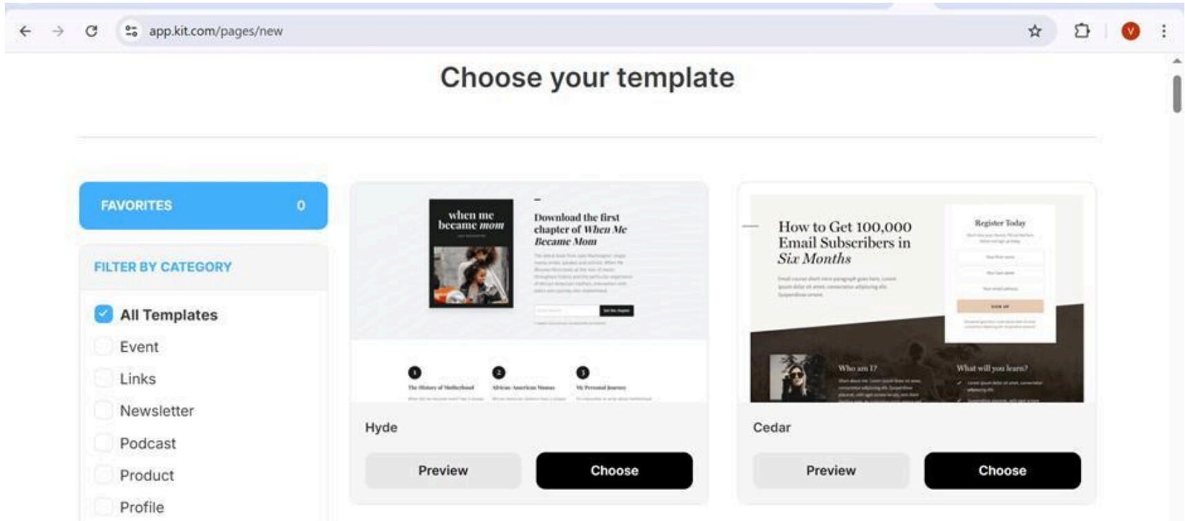 Kit landing page template selection showing various template options