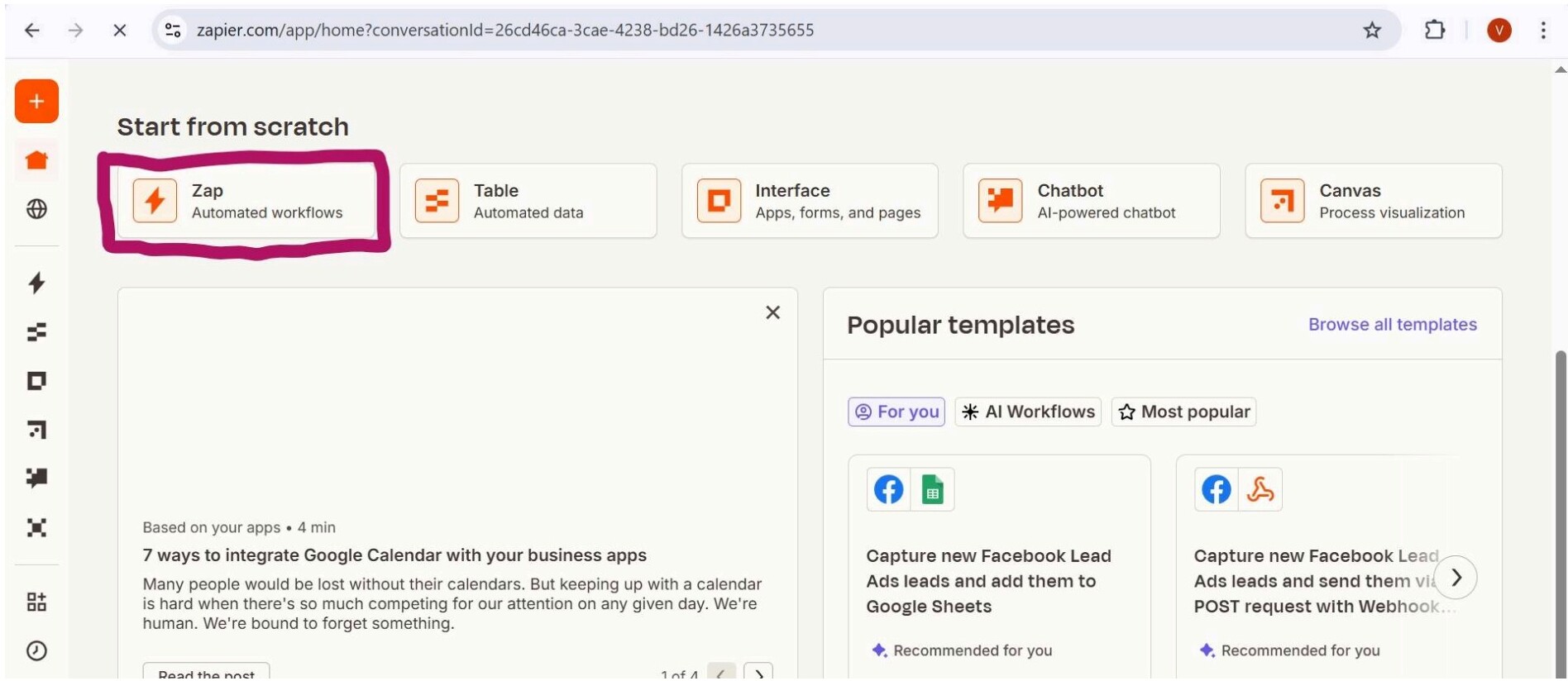 Zapier dashboard showing options to create a Zap, Table, Interface, Chatbot, and Canvas
