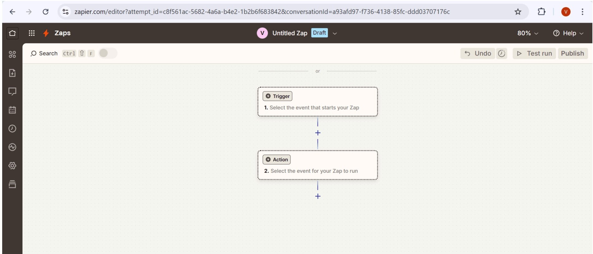 Zapier editor interface showing a Trigger and Action setup flow